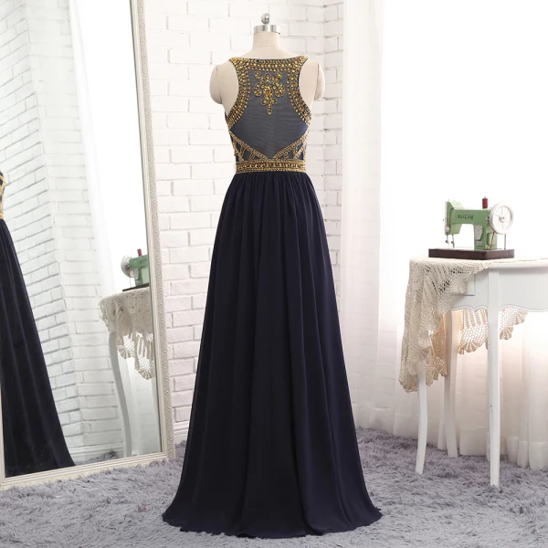 Modern / Fashion Navy Blue Evening Dresses 2017 A-Line / Princess Scoop Neck Sleeveless Beading Floor-Length / Long Ruffle Formal Dresses