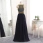 Modern / Fashion Navy Blue Evening Dresses  2017 A-Line / Princess Scoop Neck Sleeveless Beading Floor-Length / Long Ruffle Formal Dresses