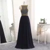 Modern / Fashion Navy Blue Evening Dresses  2017 A-Line / Princess Scoop Neck Sleeveless Beading Floor-Length / Long Ruffle Formal Dresses