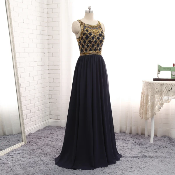 Modern / Fashion Navy Blue Evening Dresses 2017 A-Line / Princess Scoop Neck Sleeveless Beading Floor-Length / Long Ruffle Formal Dresses