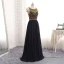 Modern / Fashion Navy Blue Evening Dresses  2017 A-Line / Princess Scoop Neck Sleeveless Beading Floor-Length / Long Ruffle Formal Dresses
