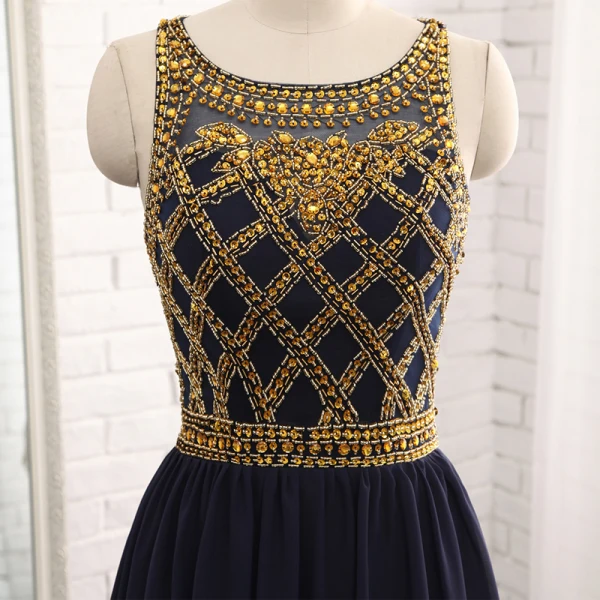 Modern / Fashion Navy Blue Evening Dresses 2017 A-Line / Princess Scoop Neck Sleeveless Beading Floor-Length / Long Ruffle Formal Dresses