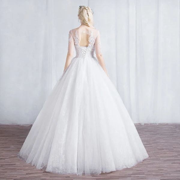 Affordable Ivory See-through Wedding Dresses 2019 A-Line / Princess Scoop Neck 1/2 Sleeves Backless Appliques Lace Floor-Length / Long Ruffle