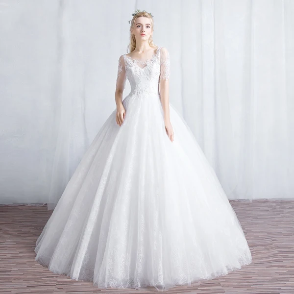 Affordable Ivory See-through Wedding Dresses 2019 A-Line / Princess Scoop Neck 1/2 Sleeves Backless Appliques Lace Floor-Length / Long Ruffle