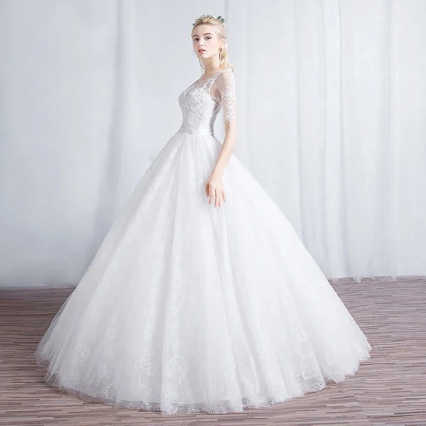 Affordable Ivory See-through Wedding Dresses 2019 A-Line / Princess Scoop Neck 1/2 Sleeves Backless Appliques Lace Floor-Length / Long Ruffle