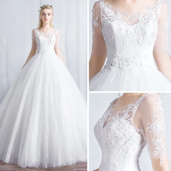 Affordable Ivory See-through Wedding Dresses 2019 A-Line / Princess Scoop Neck 1/2 Sleeves Backless Appliques Lace Floor-Length / Long Ruffle
