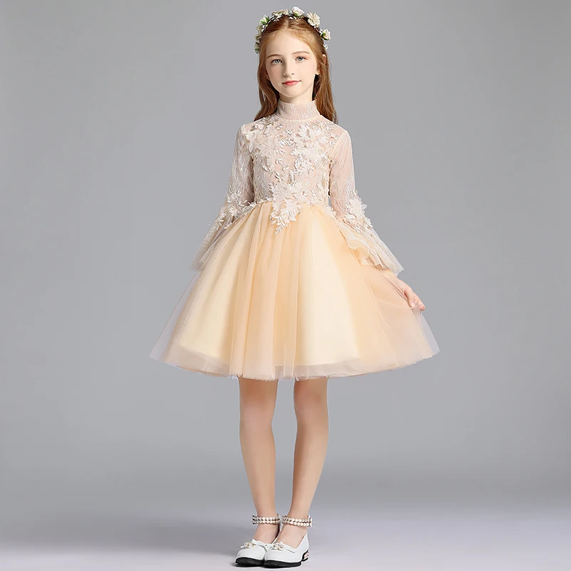 Chic Beautiful Champagne Flower Girl Dresses 2019 A Line Princess High Neck  Long Sleeve Appliques Lace Short Ruffle Wedding Party Dresses