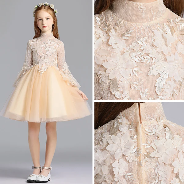 Chic / Beautiful Champagne Flower Girl Dresses 2019 A-Line / Princess High Neck Long Sleeve Appliques Lace Short Ruffle Wedding Party Dresses
