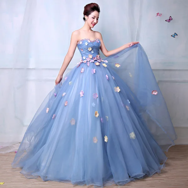 Blomsterfe Blå Ballkjoler 2019 Prinsesse Kjæreste Uten Ermer Appliques Blomst Rhinestone Beading Perle Lange Buste Ryggløse Formelle Kjoler