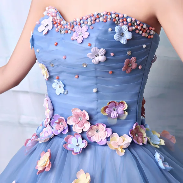 Blomsterfe Blå Ballkjoler 2019 Prinsesse Kjæreste Uten Ermer Appliques Blomst Rhinestone Beading Perle Lange Buste Ryggløse Formelle Kjoler
