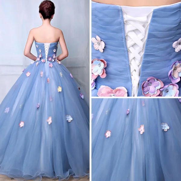 Blomsterfe Blå Ballkjoler 2019 Prinsesse Kjæreste Uten Ermer Appliques Blomst Rhinestone Beading Perle Lange Buste Ryggløse Formelle Kjoler
