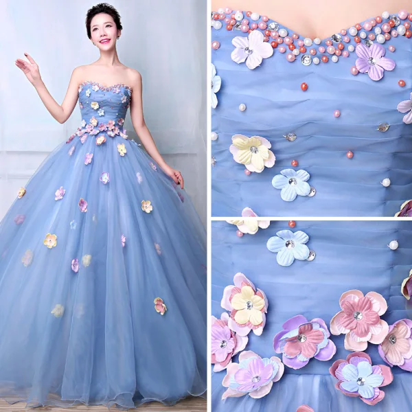 Blomsterfe Blå Ballkjoler 2019 Prinsesse Kjæreste Uten Ermer Appliques Blomst Rhinestone Beading Perle Lange Buste Ryggløse Formelle Kjoler