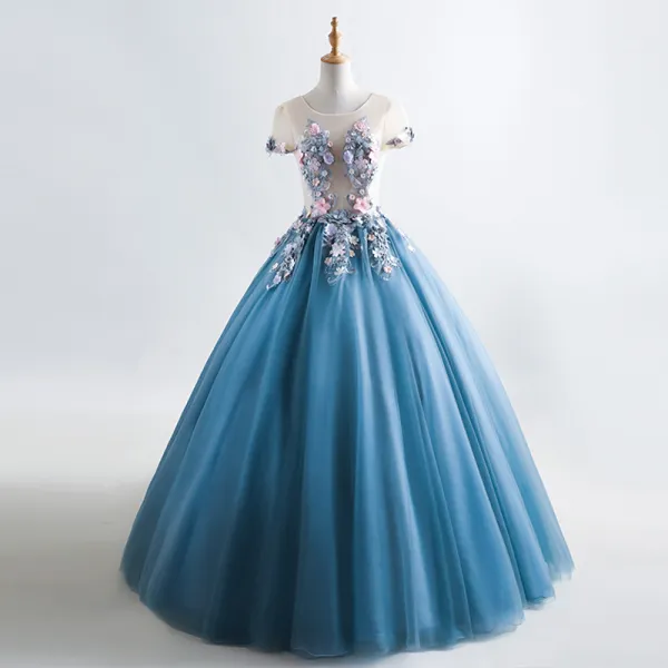 Romantic Ink Blue See-through Prom Dresses 2019 A-Line / Princess Scoop Neck Short Sleeve Appliques Flower Beading Floor-Length / Long Ruffle Backless Formal Dresses