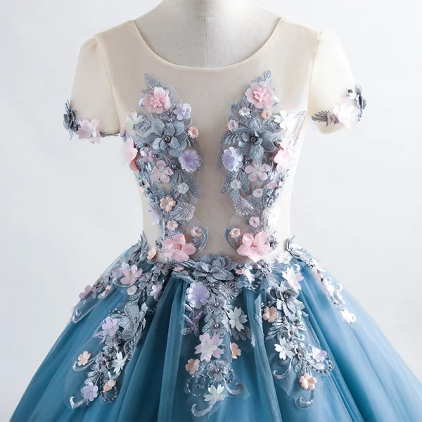 Romantique Bleu D'encre Transparentes Robe De Bal 2019 Princesse Encolure Dégagée Manches Courtes Appliques Fleur Perlage Longue Volants Dos Nu Robe De Ceremonie
