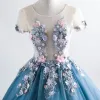 Romantic Ink Blue See-through Prom Dresses 2019 A-Line / Princess Scoop Neck Short Sleeve Appliques Flower Beading Floor-Length / Long Ruffle Backless Formal Dresses