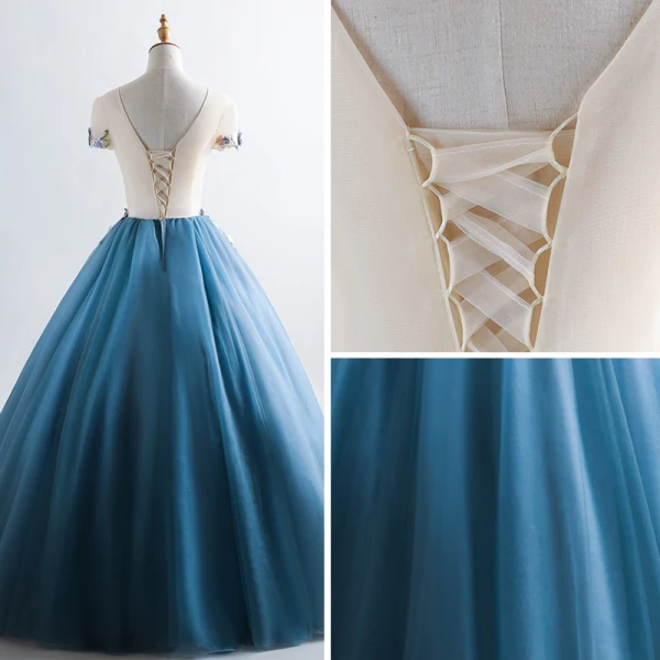 Romantique Bleu D'encre Transparentes Robe De Bal 2019 Princesse Encolure Dégagée Manches Courtes Appliques Fleur Perlage Longue Volants Dos Nu Robe De Ceremonie