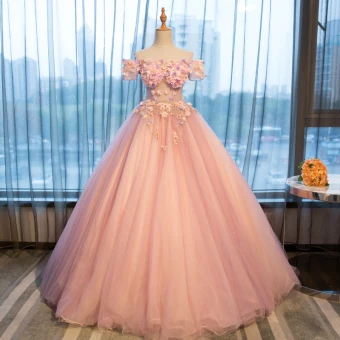 Élégant Perle Rose Transparentes Robe De Bal 2019 Princesse De L Épaule Manches Courtes Appliques Fleur Faux Diamant Perle Longue Volants Dos Nu Robe De Ceremonie