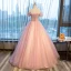 Elegant Pearl Pink See-through Prom Dresses 2019 A-Line / Princess Off-The-Shoulder Short Sleeve Appliques Flower Rhinestone Pearl Floor-Length / Long Ruffle Backless Formal Dresses