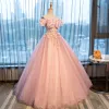 Elegant Pearl Pink See-through Prom Dresses 2019 A-Line / Princess Off-The-Shoulder Short Sleeve Appliques Flower Rhinestone Pearl Floor-Length / Long Ruffle Backless Formal Dresses