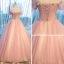 Elegant Pearl Pink See-through Prom Dresses 2019 A-Line / Princess Off-The-Shoulder Short Sleeve Appliques Flower Rhinestone Pearl Floor-Length / Long Ruffle Backless Formal Dresses