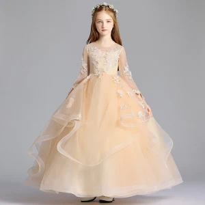 Chic Belle Champagne Transparentes Robe Ceremonie Fille 2019 Princesse Encolure Dégagée 3 4 Manches Appliques En Dentelle Longue Volants En Cascade Robe Pour Mariage