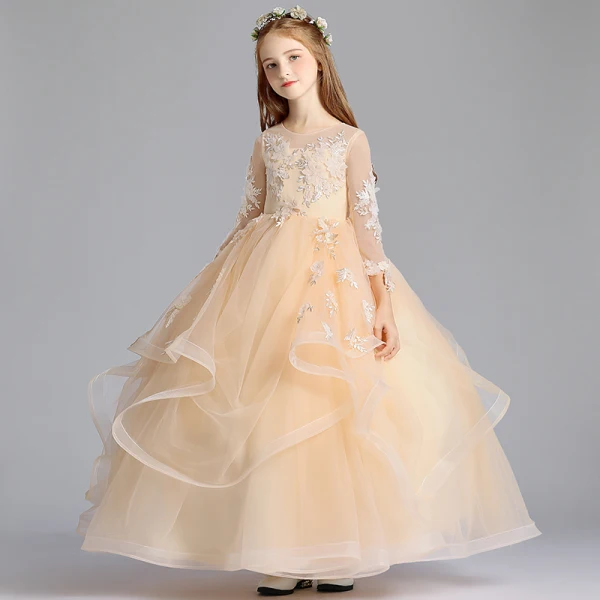 Chic / Beautiful Champagne See-through Flower Girl Dresses 2019 A-Line / Princess Scoop Neck 3/4 Sleeve Appliques Lace Floor-Length / Long Cascading Ruffles Wedding Party Dresses