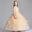 Chic / Beautiful Champagne See-through Flower Girl Dresses 2019 A-Line / Princess Scoop Neck 3/4 Sleeve Appliques Lace Floor-Length / Long Cascading Ruffles Wedding Party Dresses