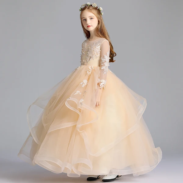 Chic / Beautiful Champagne See-through Flower Girl Dresses 2019 A-Line / Princess Scoop Neck 3/4 Sleeve Appliques Lace Floor-Length / Long Cascading Ruffles Wedding Party Dresses