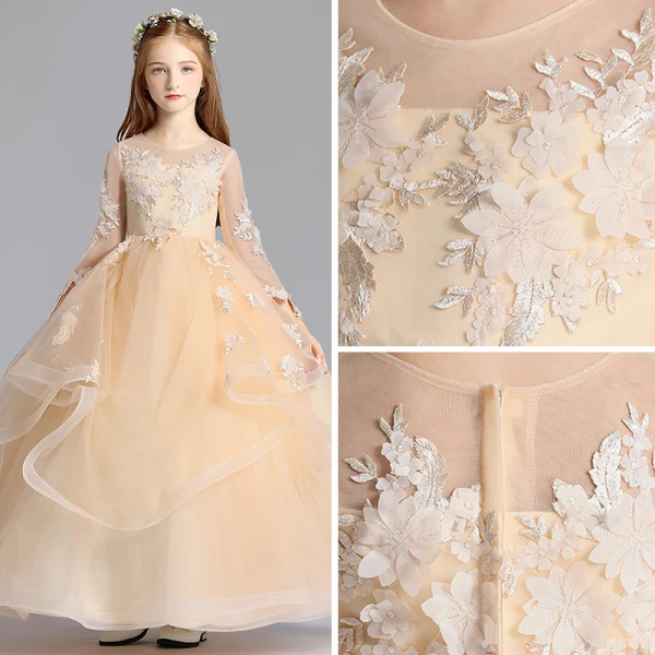 Chic / Beautiful Champagne See-through Flower Girl Dresses 2019 A-Line / Princess Scoop Neck 3/4 Sleeve Appliques Lace Floor-Length / Long Cascading Ruffles Wedding Party Dresses