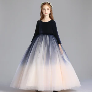 Simple Bleu Marine Dégradé De Couleur Champagne Robe Ceremonie Fille 2019 Princesse Encolure Dégagée 3 4 Manches Longue Volants Robe Pour Mariage