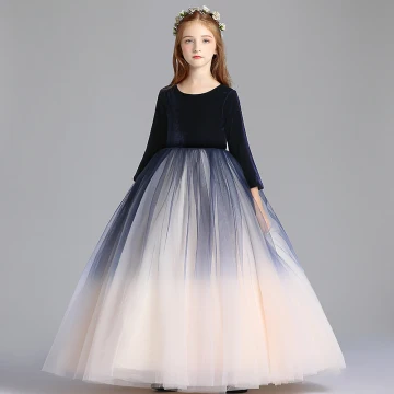 Modest Simple Navy Blue Gradient Color Champagne Flower Girl Dresses 2019 A Line Princess Scoop Neck 3 4 Sleeve Floor Length Long Ruffle Wedding Party Dresses