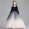 Modest / Simple Navy Blue Gradient-Color Champagne Flower Girl Dresses 2019 A-Line / Princess Scoop Neck 3/4 Sleeve Floor-Length / Long Ruffle Wedding Party Dresses