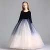Modest / Simple Navy Blue Gradient-Color Champagne Flower Girl Dresses 2019 A-Line / Princess Scoop Neck 3/4 Sleeve Floor-Length / Long Ruffle Wedding Party Dresses