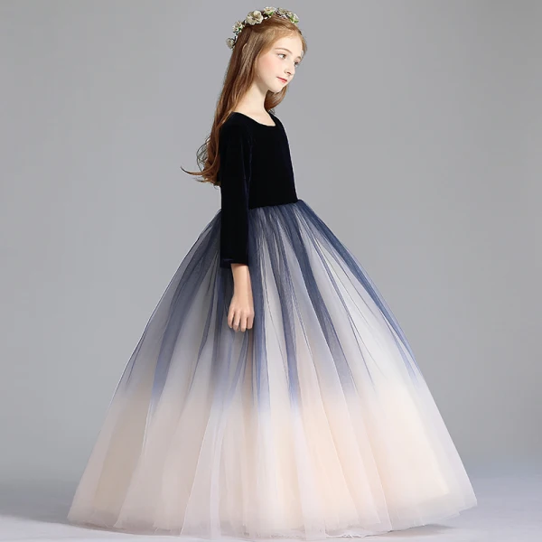 Modest / Simple Navy Blue Gradient-Color Champagne Flower Girl Dresses 2019 A-Line / Princess Scoop Neck 3/4 Sleeve Floor-Length / Long Ruffle Wedding Party Dresses