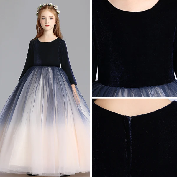 Modest / Simple Navy Blue Gradient-Color Champagne Flower Girl Dresses 2019 A-Line / Princess Scoop Neck 3/4 Sleeve Floor-Length / Long Ruffle Wedding Party Dresses