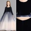 Modest / Simple Navy Blue Gradient-Color Champagne Flower Girl Dresses 2019 A-Line / Princess Scoop Neck 3/4 Sleeve Floor-Length / Long Ruffle Wedding Party Dresses