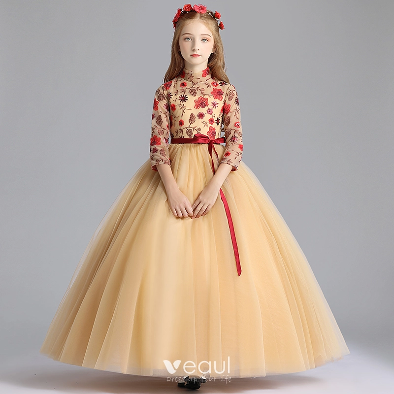 Chinese style Gold Flower Girl Dresses 2019 A Line Princess High