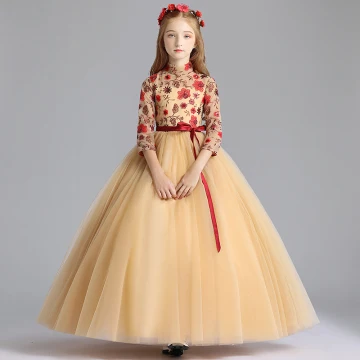Chinese Style Gold Flower Girl Dresses 2019 A Line Princess High Neck 3 4 Sleeve Embroidered Flower Sequins Sash Floor Length Long Ruffle Wedding Party Dresses