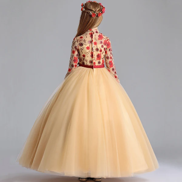 Chinese style Gold Flower Girl Dresses 2019 A-Line / Princess High Neck 3/4 Sleeve Embroidered Flower Sequins Sash Floor-Length / Long Ruffle Wedding Party Dresses