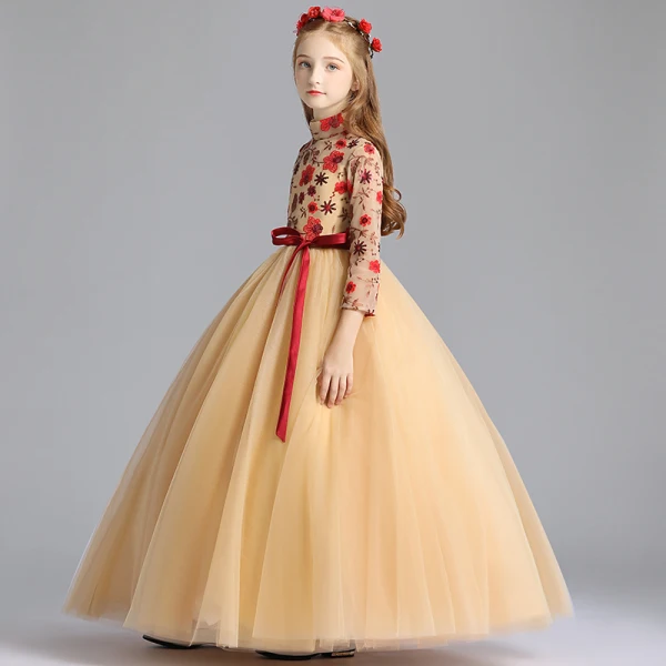 Chinese style Gold Flower Girl Dresses 2019 A-Line / Princess High Neck 3/4 Sleeve Embroidered Flower Sequins Sash Floor-Length / Long Ruffle Wedding Party Dresses