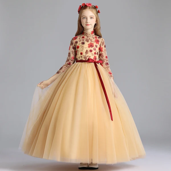 Chinese style Gold Flower Girl Dresses 2019 A-Line / Princess High Neck 3/4 Sleeve Embroidered Flower Sequins Sash Floor-Length / Long Ruffle Wedding Party Dresses