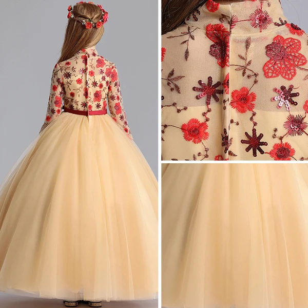 Chinese style Gold Flower Girl Dresses 2019 A-Line / Princess High Neck 3/4 Sleeve Embroidered Flower Sequins Sash Floor-Length / Long Ruffle Wedding Party Dresses