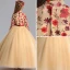 Chinese style Gold Flower Girl Dresses 2019 A-Line / Princess High Neck 3/4 Sleeve Embroidered Flower Sequins Sash Floor-Length / Long Ruffle Wedding Party Dresses