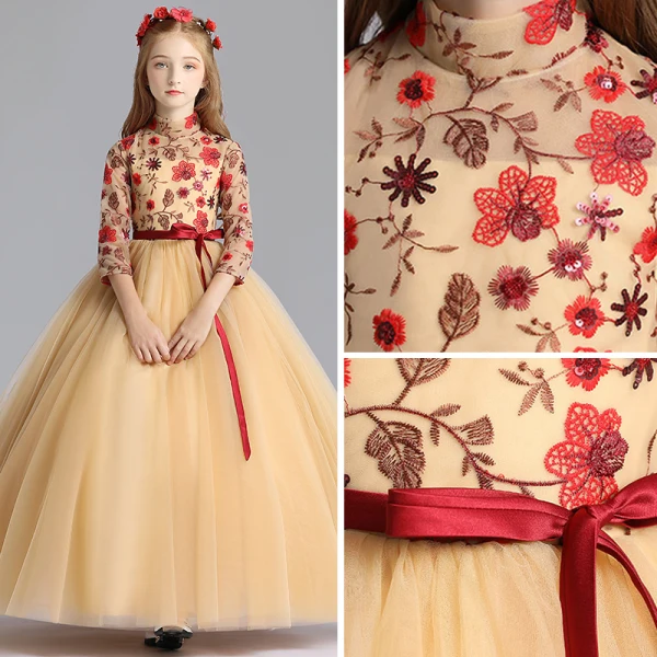 Chinese style Gold Flower Girl Dresses 2019 A-Line / Princess High Neck 3/4 Sleeve Embroidered Flower Sequins Sash Floor-Length / Long Ruffle Wedding Party Dresses