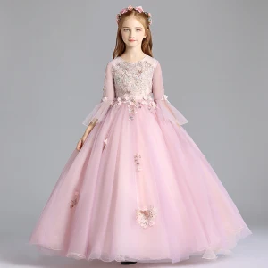 Élégant Rougissant Rose Robe Ceremonie Fille 2019 Princesse Encolure Dégagée Manches De Cloche Appliques En Dentelle Faux Diamant Perle Longue Volants Robe Pour Mariage