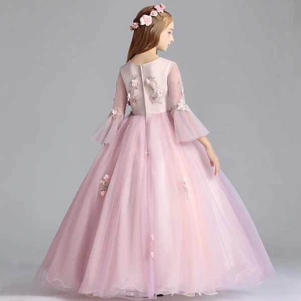Elegant Blushing Pink Flower Girl Dresses 2019 A-Line / Princess Scoop Neck Bell sleeves Appliques Lace Rhinestone Pearl Floor-Length / Long Ruffle Wedding Party Dresses