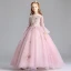 Elegant Blushing Pink Flower Girl Dresses 2019 A-Line / Princess Scoop Neck Bell sleeves Appliques Lace Rhinestone Pearl Floor-Length / Long Ruffle Wedding Party Dresses