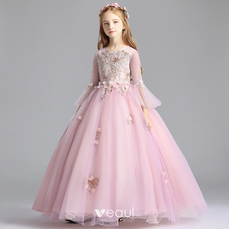 Elegant Blushing Pink Flower Girl Dresses 2019 A Line Princess Scoop Neck Bell sleeves Appliques Lace Rhinestone Pearl Floor Length Long Ruffle Wedding Party Dresses