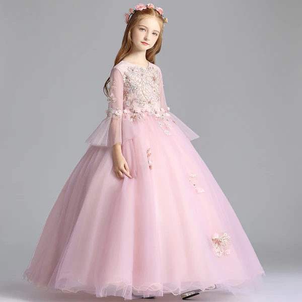 Elegant Blushing Pink Flower Girl Dresses 2019 A-Line / Princess Scoop Neck Bell sleeves Appliques Lace Rhinestone Pearl Floor-Length / Long Ruffle Wedding Party Dresses