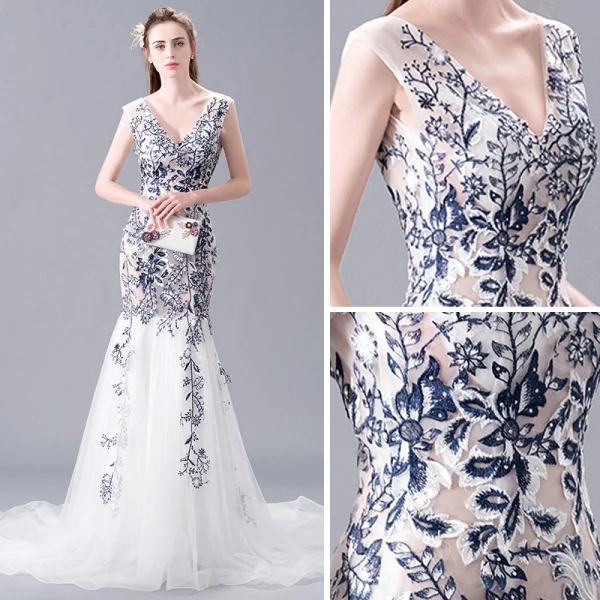 Modern / Fashion Ivory Evening Dresses  2018 Trumpet / Mermaid V-Neck Sleeveless Appliques Lace Cathedral Train Ruffle Backless Formal Dresses